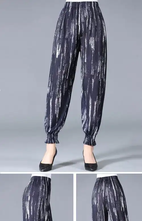 中老年女装夏季冰丝灯笼裤女裤薄款妈妈民族束脚九分裤宽松印花裤子佳