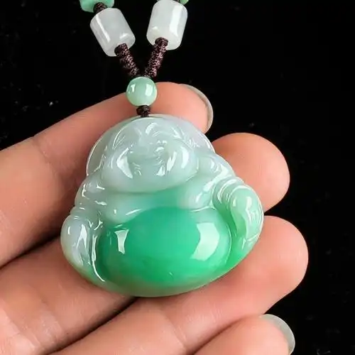 翡翠阳绿飘花玉佛吊坠正品天然a货缅甸玉石弥勒佛女款玉坠挂件