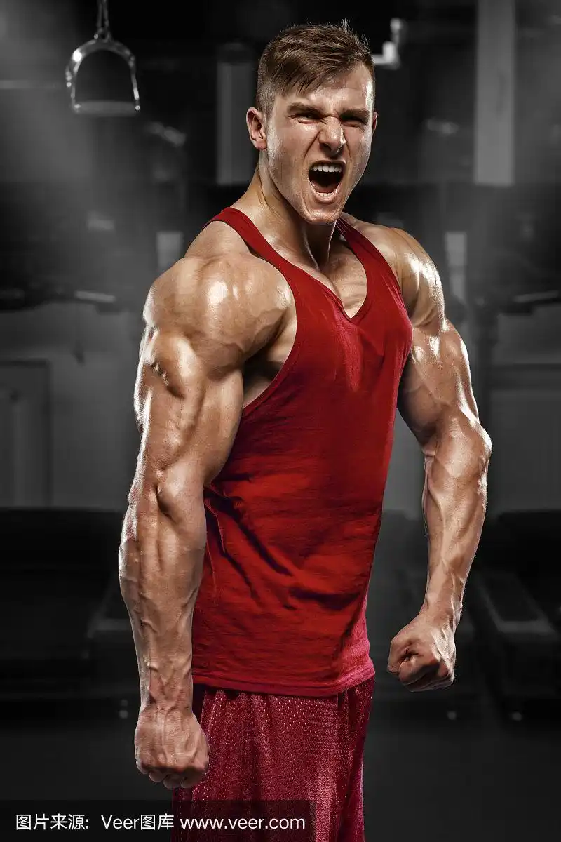 英俊的肌肉男在健身房摆姿势,显示肌肉.强壮的男性,锻炼身体