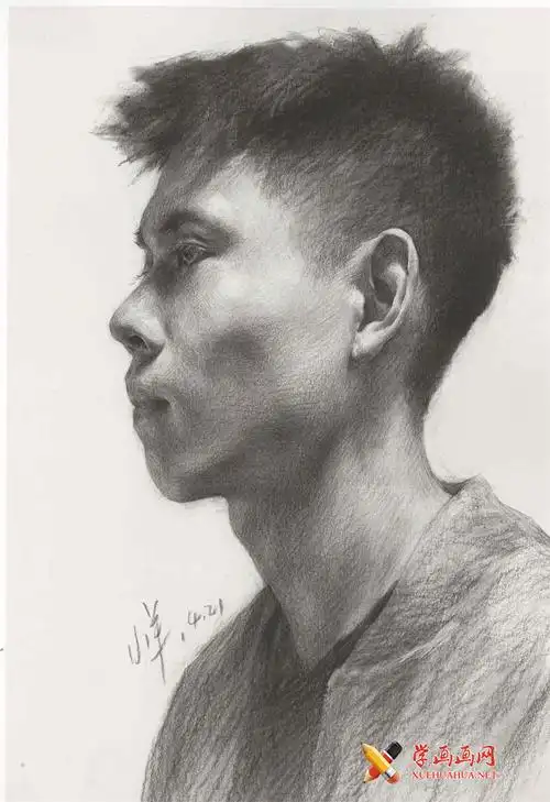 侧面男青年素描头像的画法临摹图片