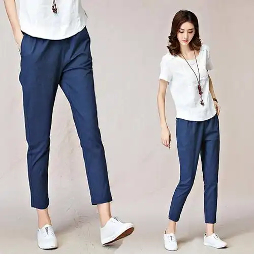 棉麻九分裤女松紧哈伦宽松亚麻女裤复古高腰休闲裤