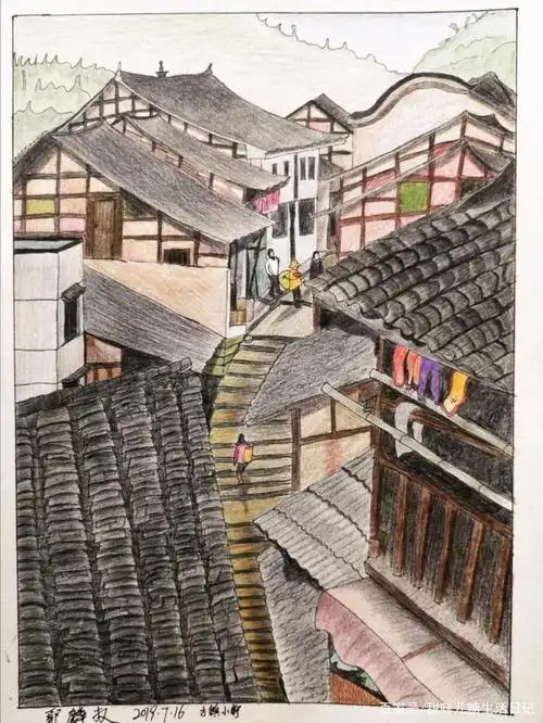 彩铅古镇风景绘画步骤