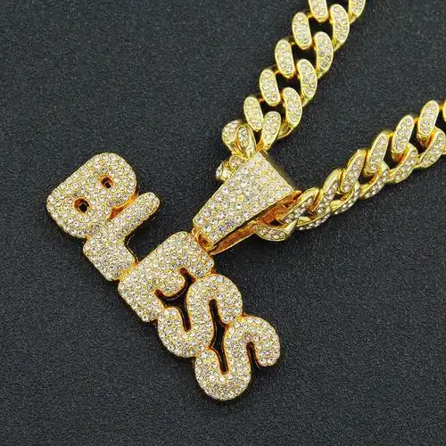 嘻哈时尚满钻字母吊坠古巴链项链 欧美hiphop男士炫酷潮牌锁骨链