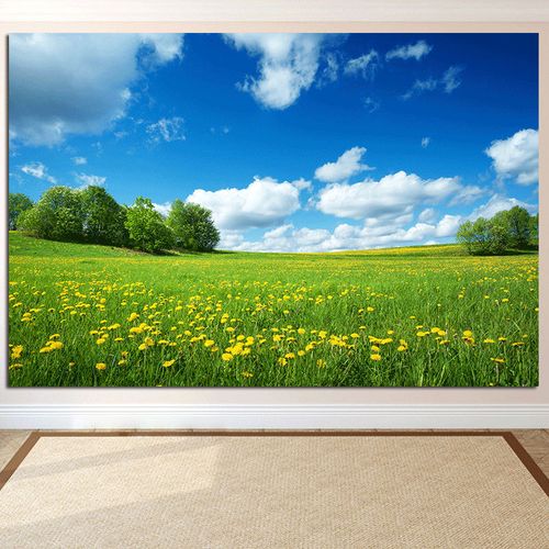 蓝天白云草地花草树木自然风景画装饰客厅草原草地壁画自粘画h14