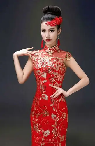 秀轩丽影红色复古长款修身鱼尾新娘旗袍picture0