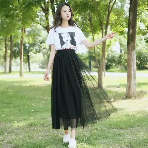 2019春夏新款百褶网纱裙韩版显瘦a字半身裙蓬蓬中长款百搭仙女裙