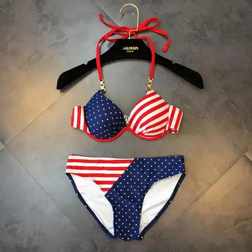 欧美国旗比基尼泳衣女钢托聚拢小胸时尚温泉性感三点式游泳衣女潮