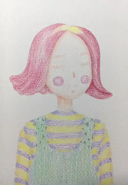 用水溶彩铅画一个玫瑰发色的女孩