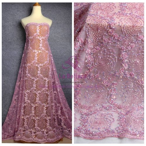 粉色 紫色四色超重工水晶管珠面料 闪亮珠片小漩涡状婚纱礼服蕾丝