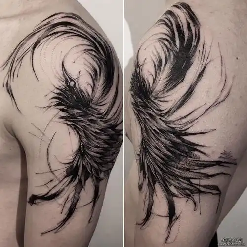 手臂黑灰翅膀纹身图案