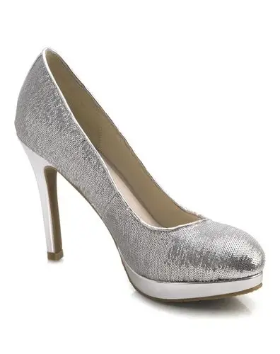 银色时尚亮片细高跟单鞋