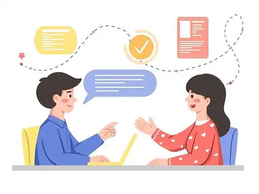 卡通扁平人物面对面面试工作办公老板招聘现场问答场景素材面试场景