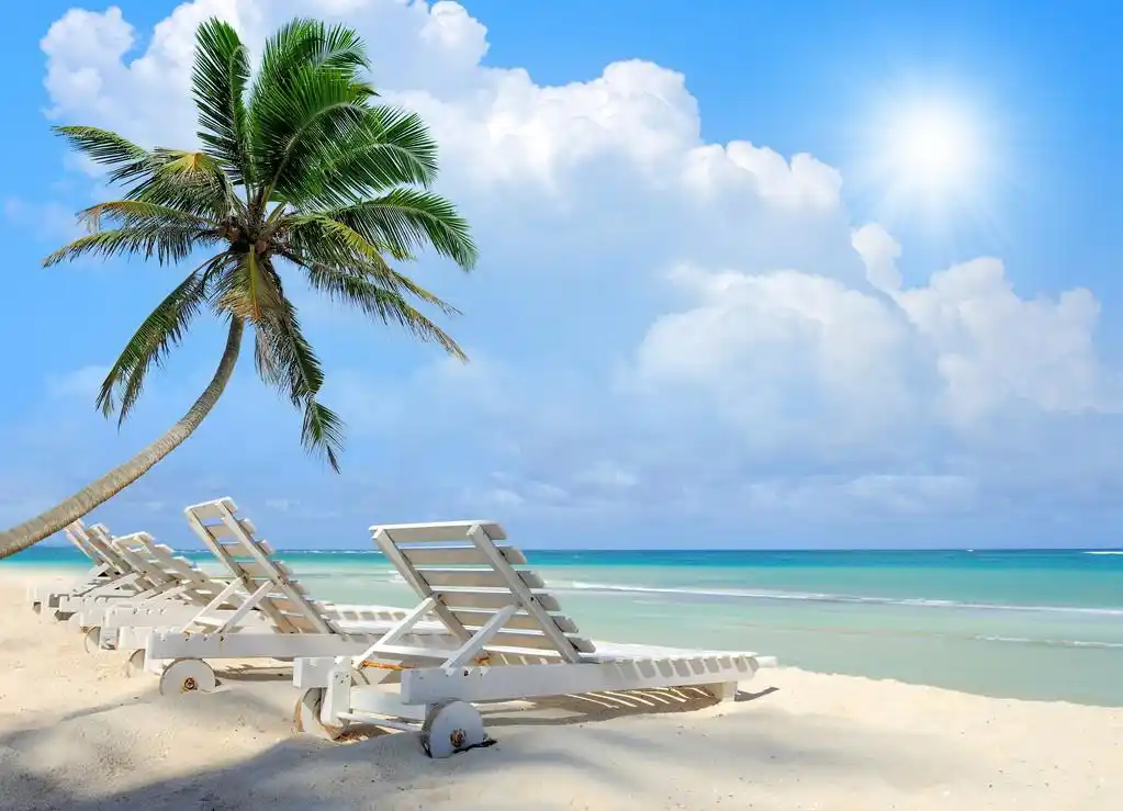 沙滩椅,海滩,蓝天,热带沙滩,面对,蓝色海洋