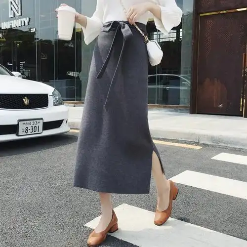 半身裙子修身显高开叉针织高腰中长裙仿兔毛打底裙秋冬针织时尚