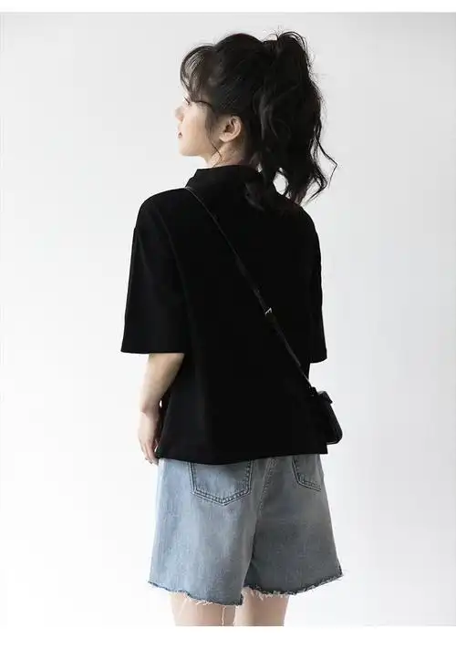 2121夏季新款短款翻领t恤女宽松韩版纯色短袖polo衫学生上衣bf潮 黑色