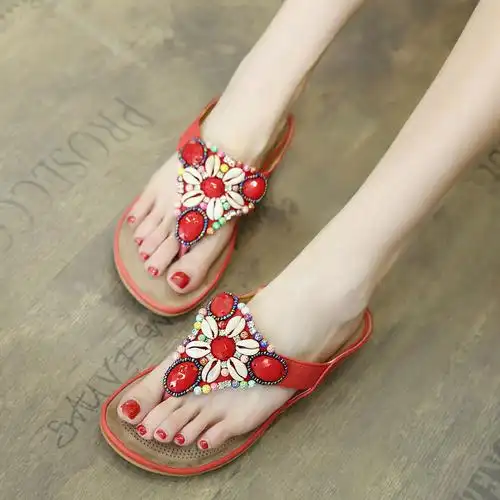 2020波西米亚民族风平底夹趾凉鞋女串珠旅游度假沙滩凉拖鞋泰国