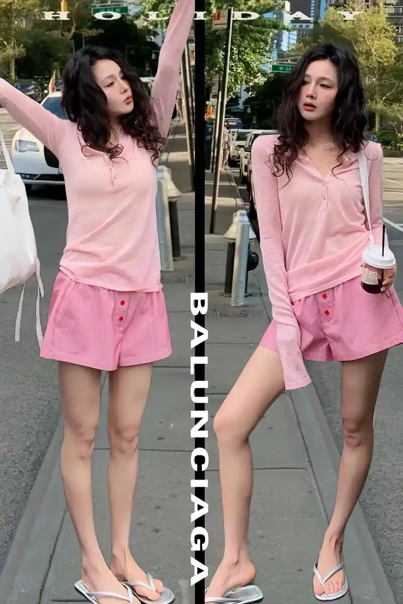 这套粉色系搭配超美～上衣薄款polo领