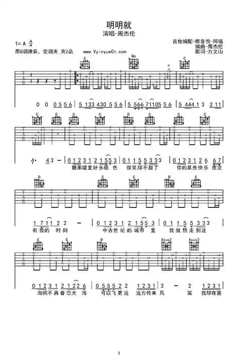 《明明就》周杰伦(g调弹奏版)吉他谱(图1)