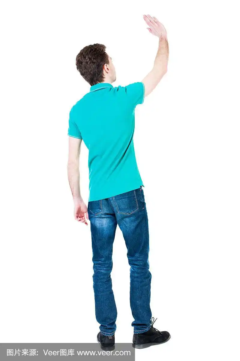 背影英俊的男子打招呼挥手从他的手.