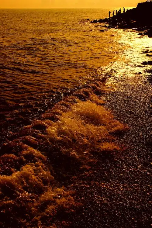 傍晚的海,浪花扑岸.