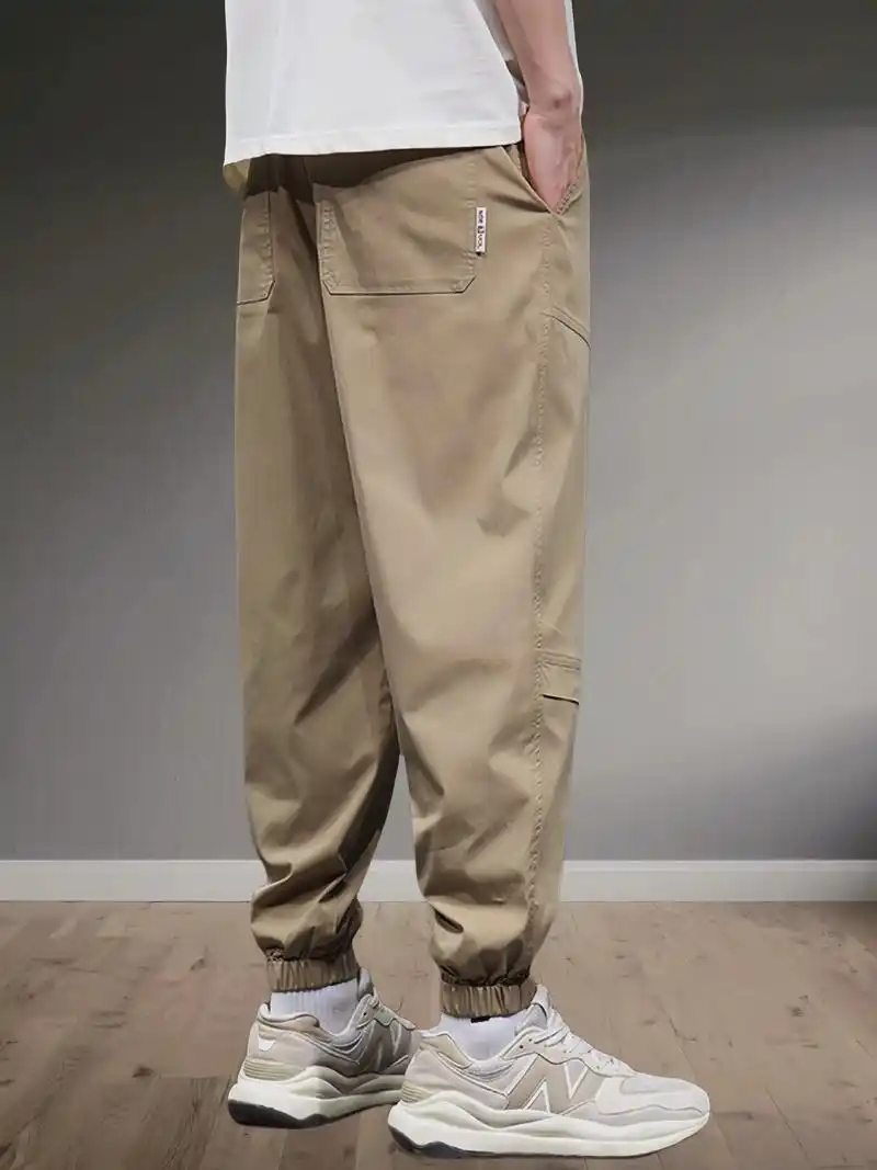 2025夏季新款束脚冰丝休闲裤子男士宽松潮牌工装运动薄款九分