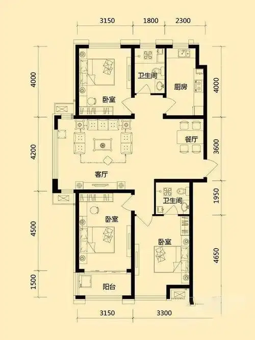 佰瑞廷129㎡三室二厅二卫一厨户型图