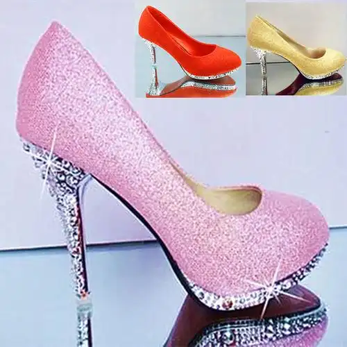 结婚鞋子单鞋中高跟鞋细跟女鞋婚纱照水钻女鞋水晶鞋粉红色7-10cm