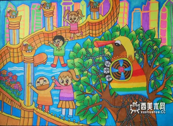 小学生获奖科幻画《光电"啄木鸟"》__科幻画_科幻画图片大全_学画画网