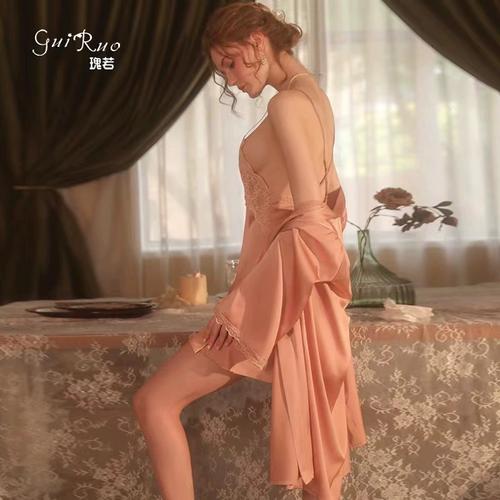 春夏新款露背性感睡衣纯色蕾丝吊带睡裙光滑柔软外袍女家居服套装