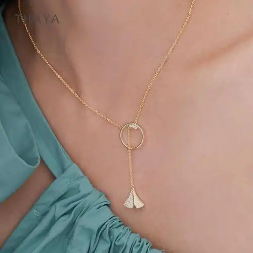 花芽银杏叶项链女锁骨链轻奢小众设计简约气质纯银女士吊坠脖颈链