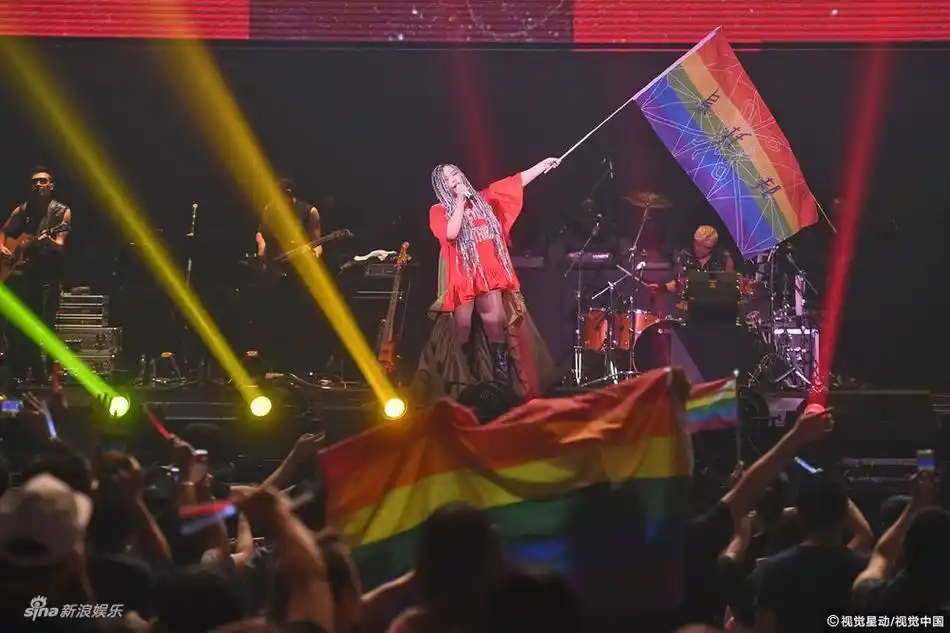 组图张惠妹演唱会绑脏辫挥舞彩虹旗