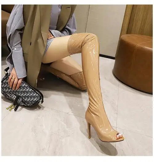 长靴网红漆皮过膝靴女春夏露趾靴鱼嘴高跟爵士舞大码