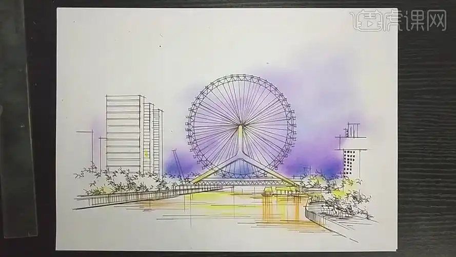 马克笔-天津之眼室外夜景表现-上色篇