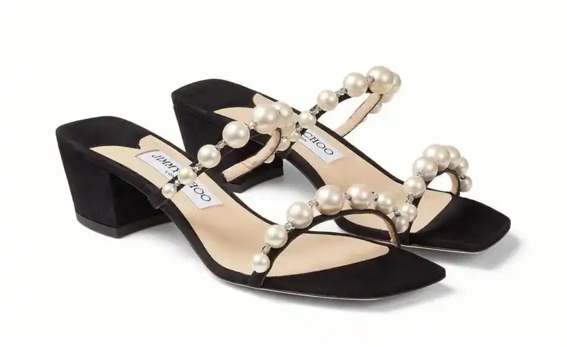 jimmychoo珍珠水钻方跟凉鞋