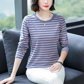新款 显瘦上衣 条纹圆领打底衫 中年妈妈宽松大码 纯棉长袖 - 女装