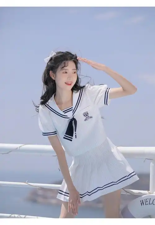 少女水手服海军风甜美套装裙日系条纹jk学院风两件白色连衣裙领带l