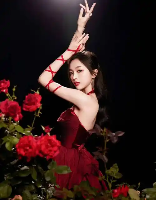 吴宣仪玫瑰红裙写真 人比花娇 时尚妖娆_光影_网络_图片