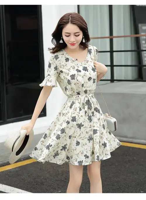 碎花雪纺连衣裙女装2017新款夏韩版修身显瘦喇叭袖印花气质中长裙