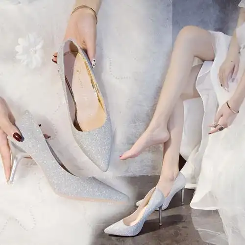 晚礼服高跟鞋女生2021新款金色细跟秋冬季18岁银色尖头水钻婚纱