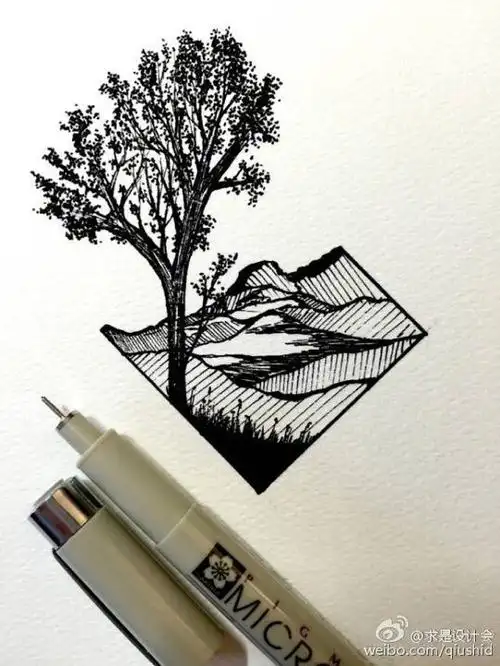 手绘黑白画线描针管笔将自然风景画进几何的艺术来自插画师derekmyers