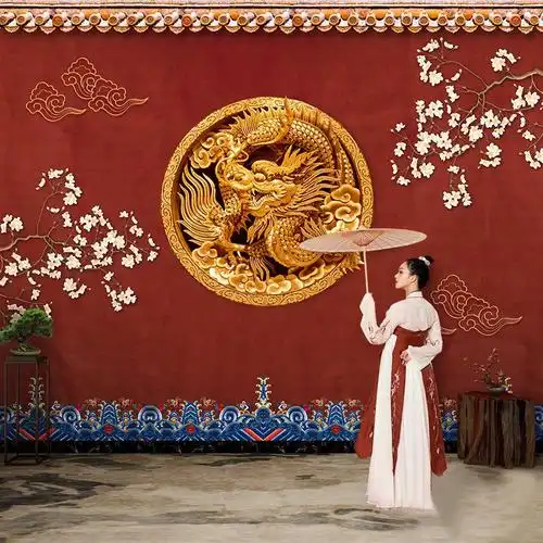 故宫红墙国潮饭店火锅店壁纸中式古风自拍馆墙纸剧本杀墙布3d