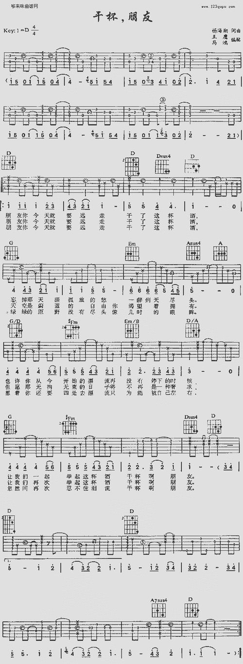 干杯朋友 (田震 ) - 曲谱 简谱 歌谱 琴谱 总谱 音乐教程
