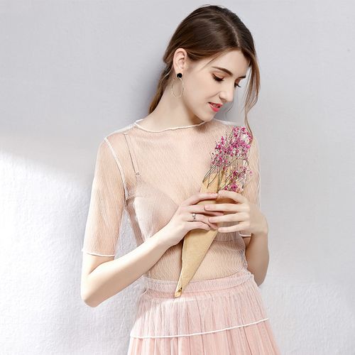 温娴透明网纱打底衫女半袖内搭纱衣透视透视性蕾丝衫