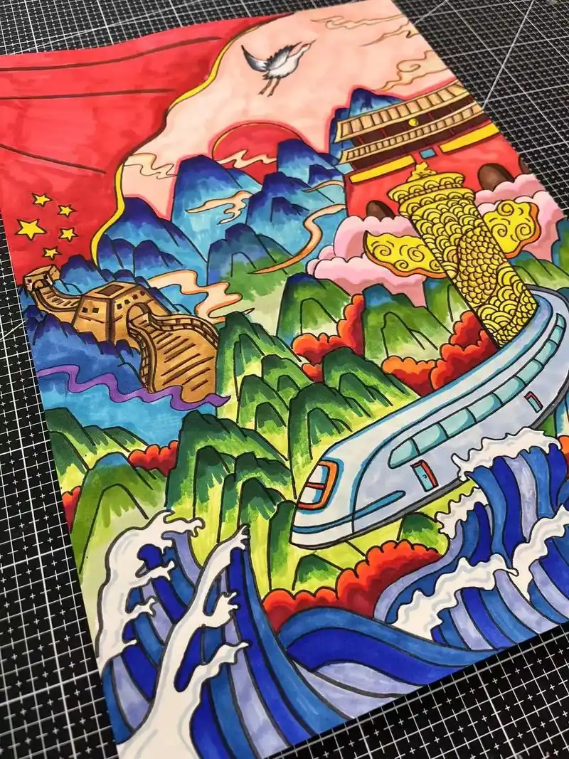 原创千里江山万里海 爱国主题绘画.临摹请先关注我哦～ 有线稿 - 抖音