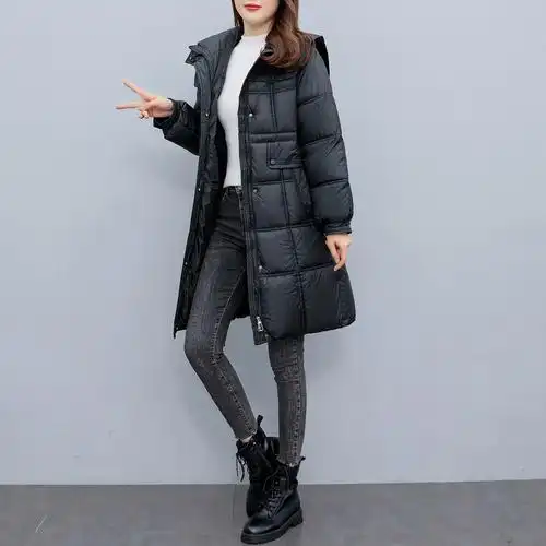 实拍2022新款女装冬季修身束腰中长羽绒服棉服女黑色显瘦立领外套