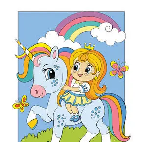 可爱的小公主骑着独角兽.儿童风格的矢量彩色卡通插画.