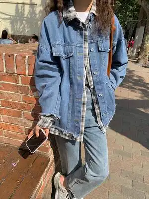 牛仔外套秋装港味复古女生穿搭宽松两件上衣夹克大码女装
