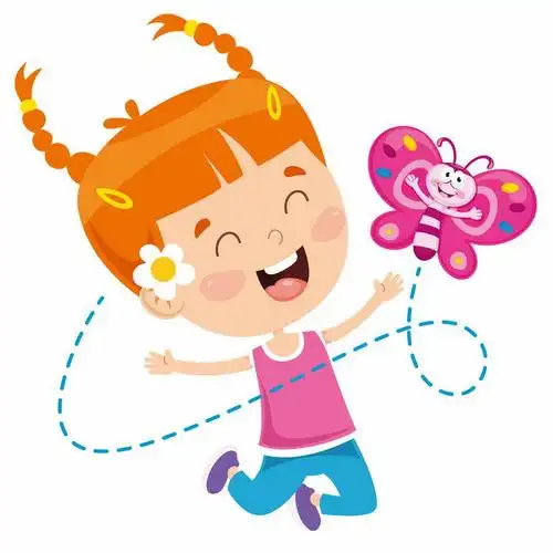 高兴得跳起来的卡通小女孩和卡通蝴蝶png图片免抠矢量素材