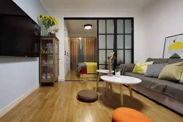 卧室和客厅之间的移门关闭就是2个独立的空间-现代简约风格48平梅陇