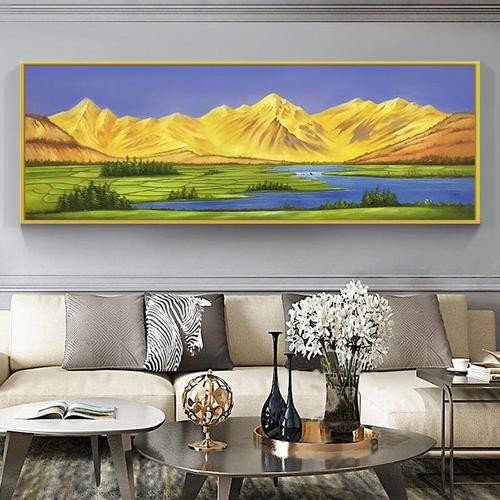 背靠金山装饰画新中式风景别墅手绘油画客厅床头现代简约横幅挂画